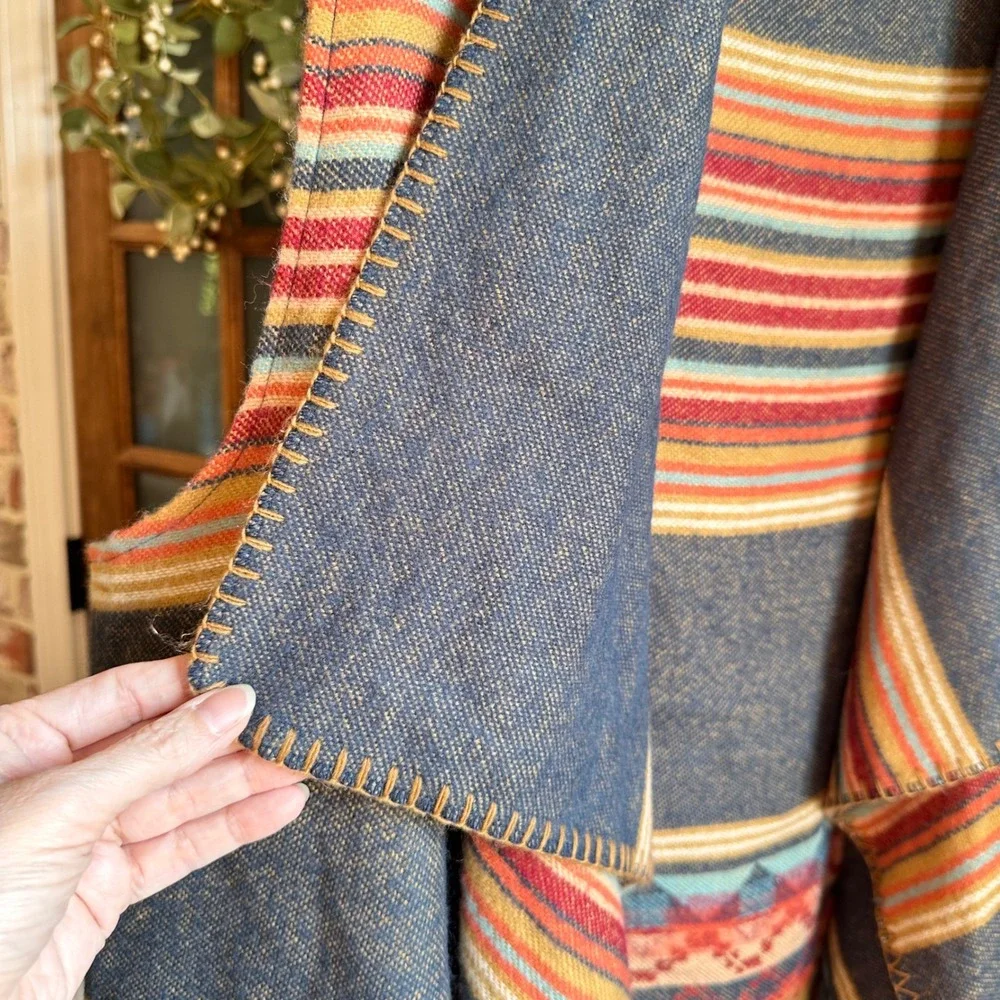 Natural Reflections Open Front Vest Women 2X Blue Southwestern Fringe Aztec Boho
